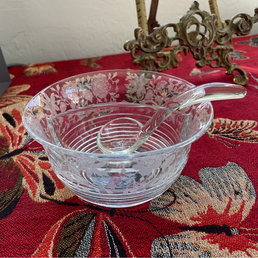 Cambridge Glass Wildflower Divided Bowl With Ladle Mint!